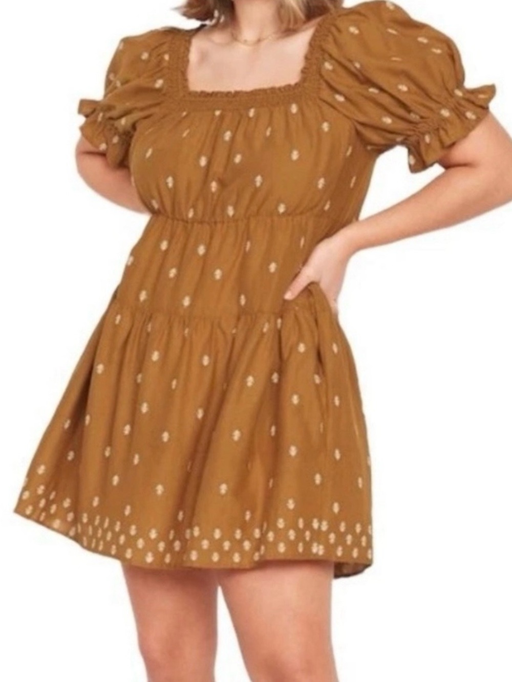 Old Navy Sz XXL Puff Square Neck Mini Mustard Brown Embroidered Floral Dress